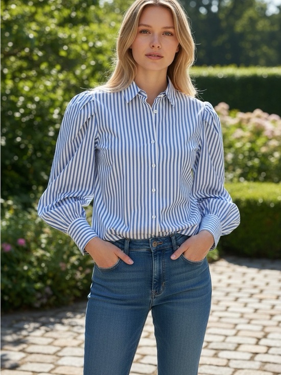 Aqua Tops - AQUA Blue White Striped Puff Sleeve Button Down Shirt XL Chic Oversized Blouse